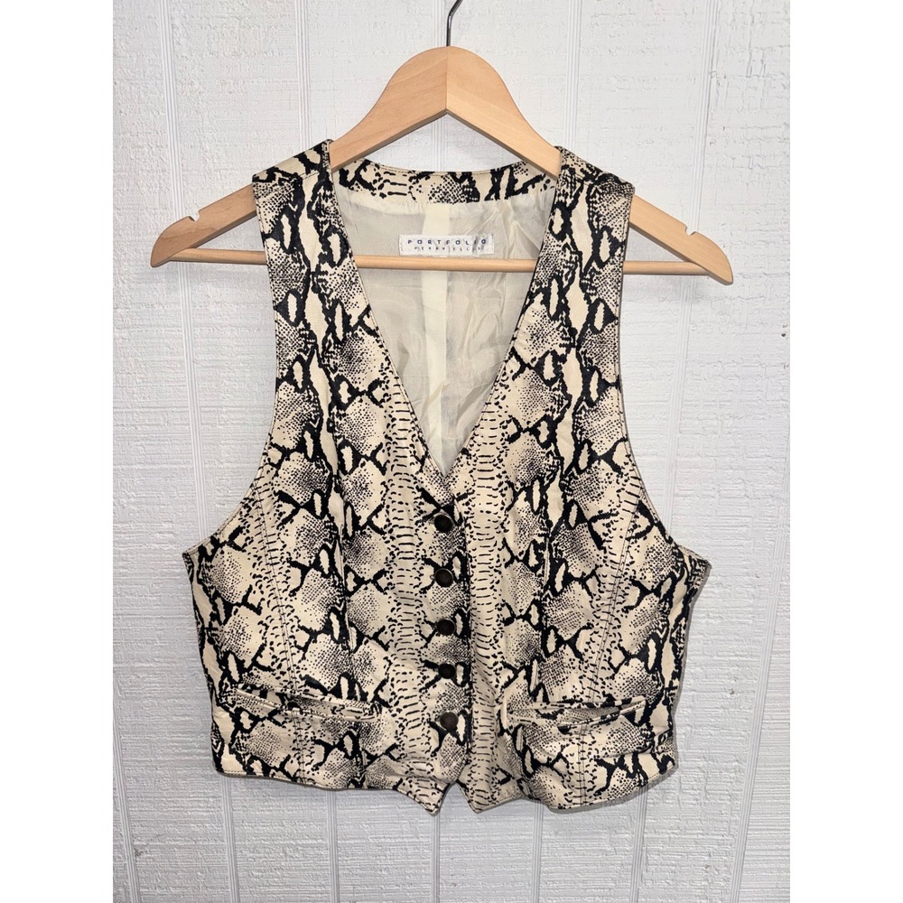 Portfolio Perry Ellis Vest Womens Cream Black Snakeskin Leather Cropped 90s S